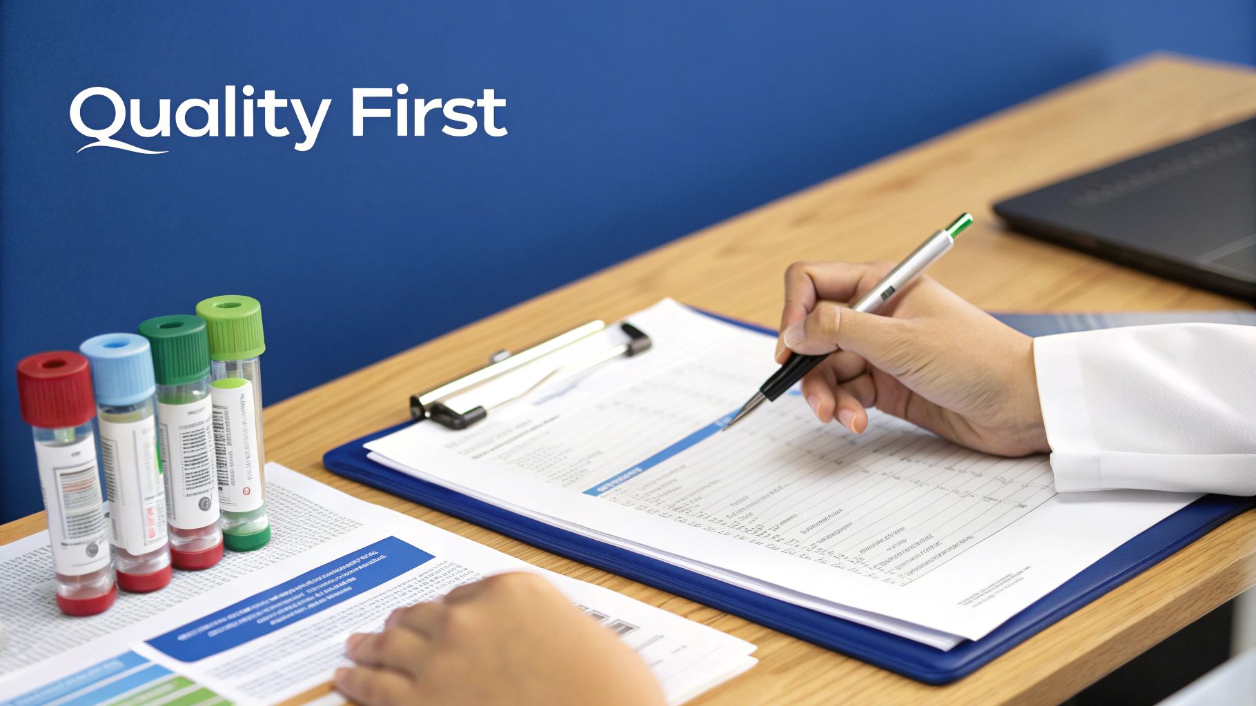 A detailed shot of a quality control inspector in a lab coat examining a supplement bottle.
