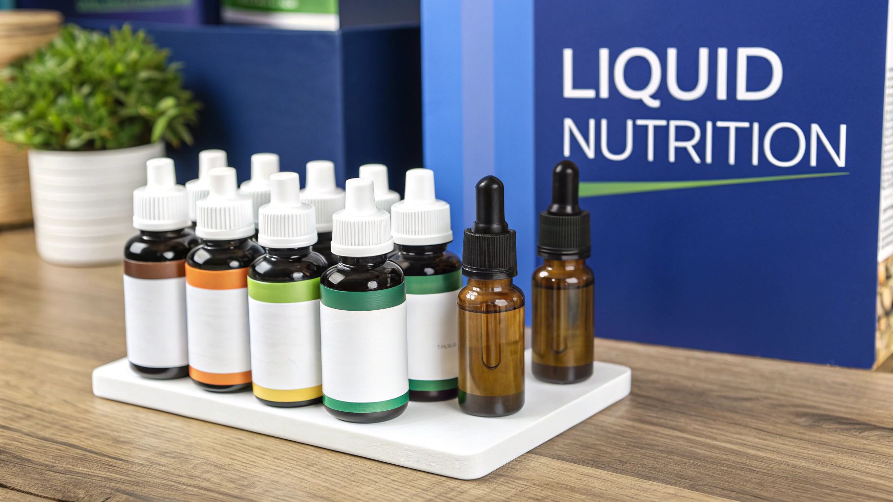 A person holding a bottle of private label liquid supplement, with other bottles and beakers in the background.