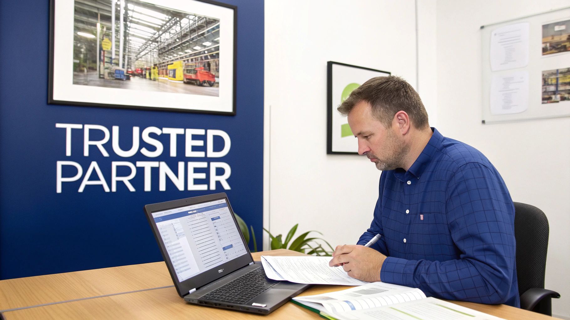 Two people in a professional setting shaking hands across a desk, symbolizing a partnership agreement.