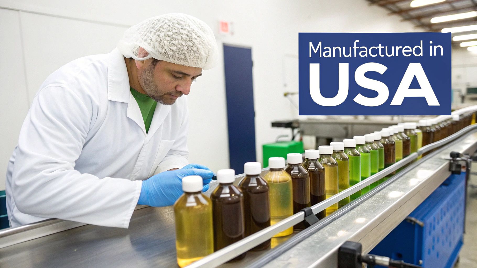 Worker in lab coat and gloves inspects bottles on a USA manufacturing line.
