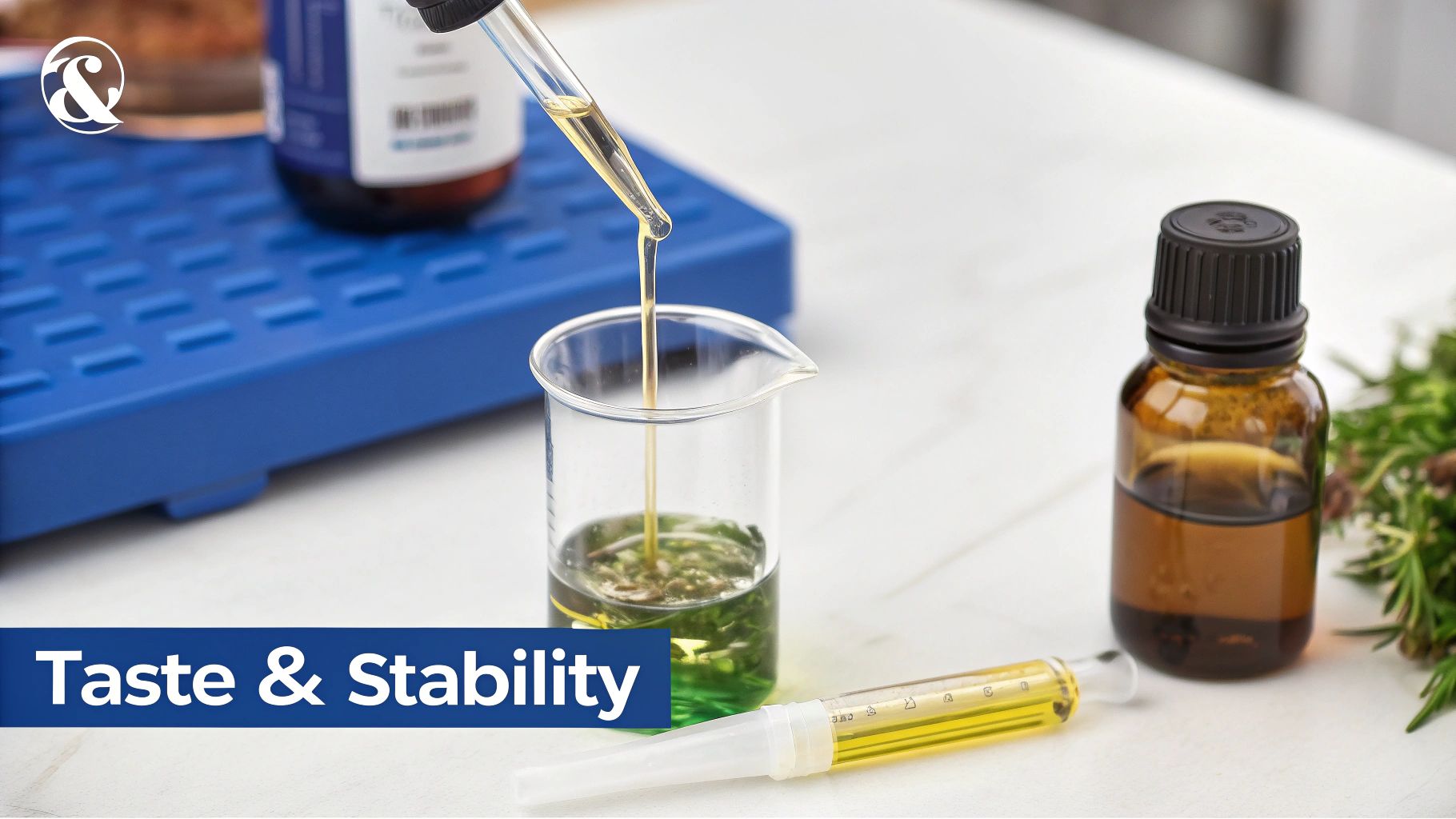 Laboratory scene with dropper dispensing yellow liquid into beaker, beside amber bottle and syringe, labeled 'Taste & Stability'.