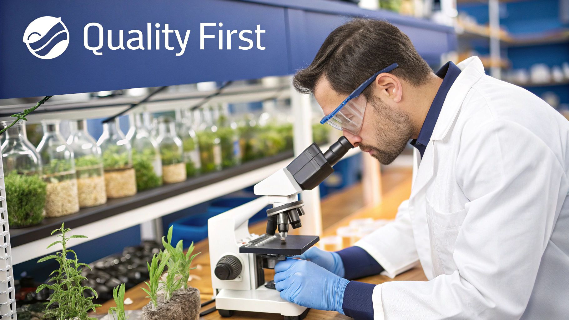 Close-up of Damiana leaves with a magnifying glass over them, symbolizing quality inspection and sourcing.