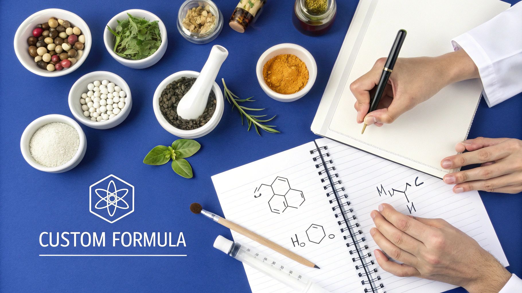 A scientist writes chemical formulas in notebooks, surrounded by bowls of diverse ingredients for custom formulations.
