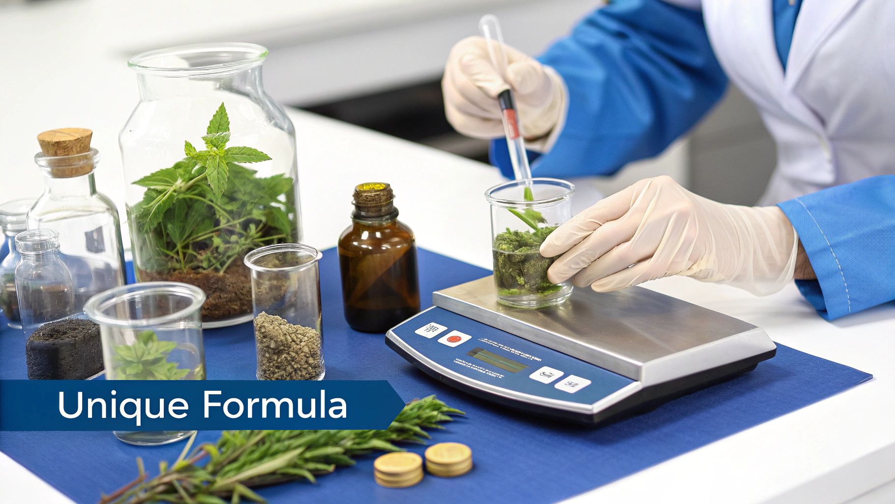 Close-up of a scientist's hand holding a beaker with a glowing green liquid, surrounded by various herbs and lab equipment in a modern laboratory.