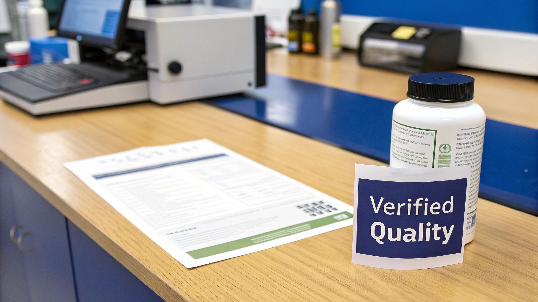 White supplement bottle with verified quality label next to certification documents on office desk