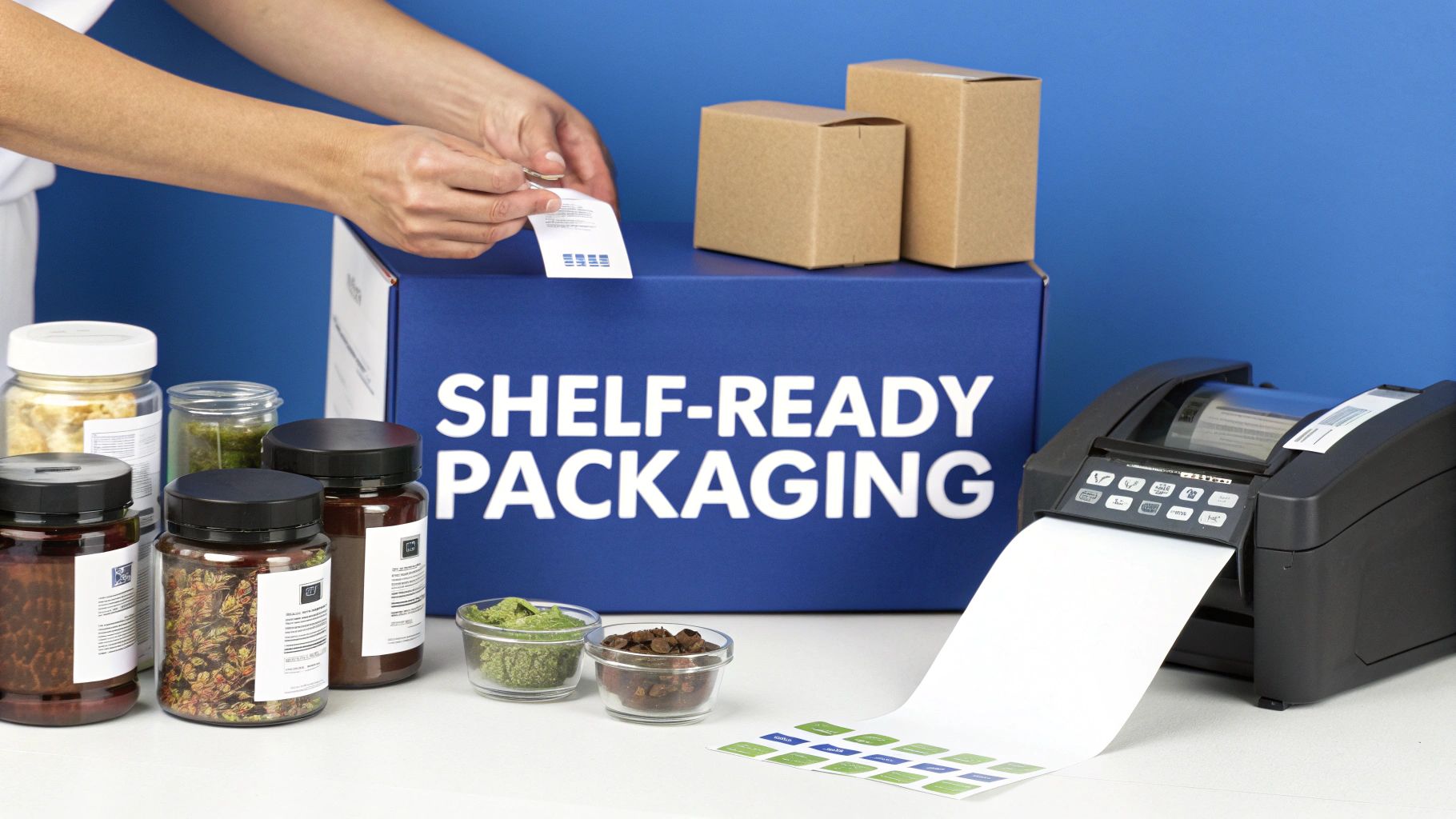 A variety of modern supplement packaging options, including jars, pouches, and stick packs, arranged neatly on a clean, bright surface.