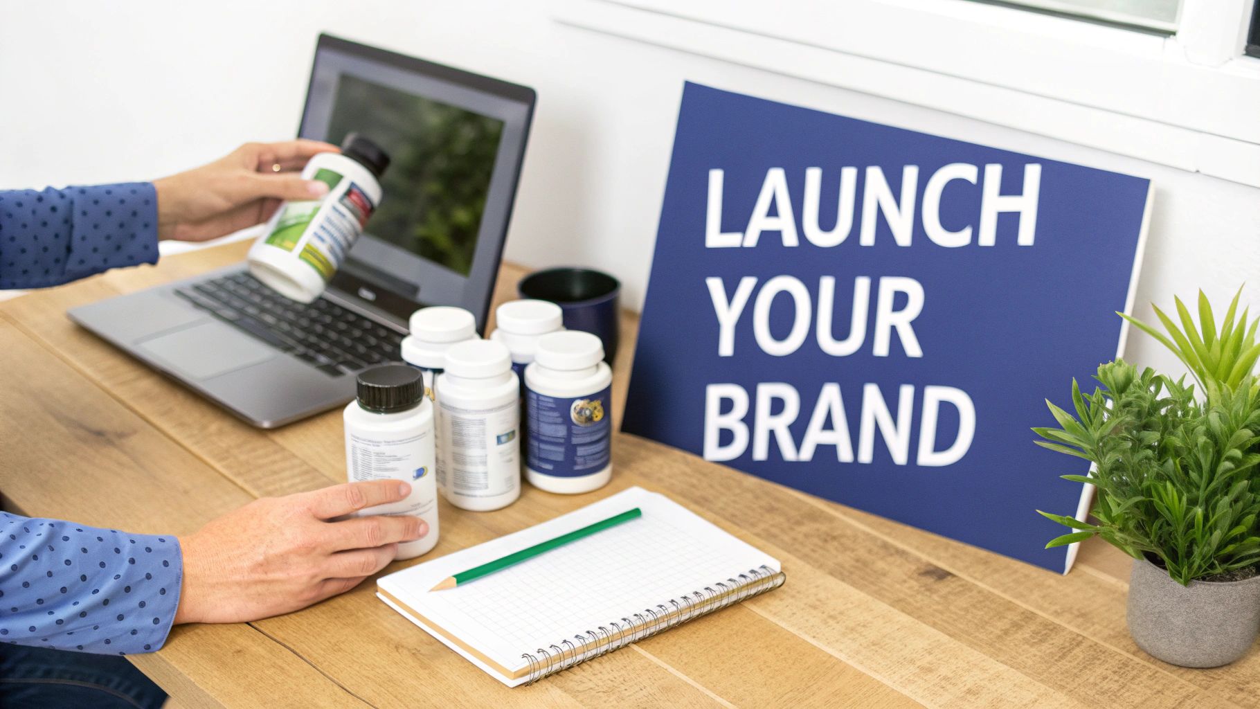 A laboratory setup with beakers and botanical ingredients, representing professional supplement formulation.