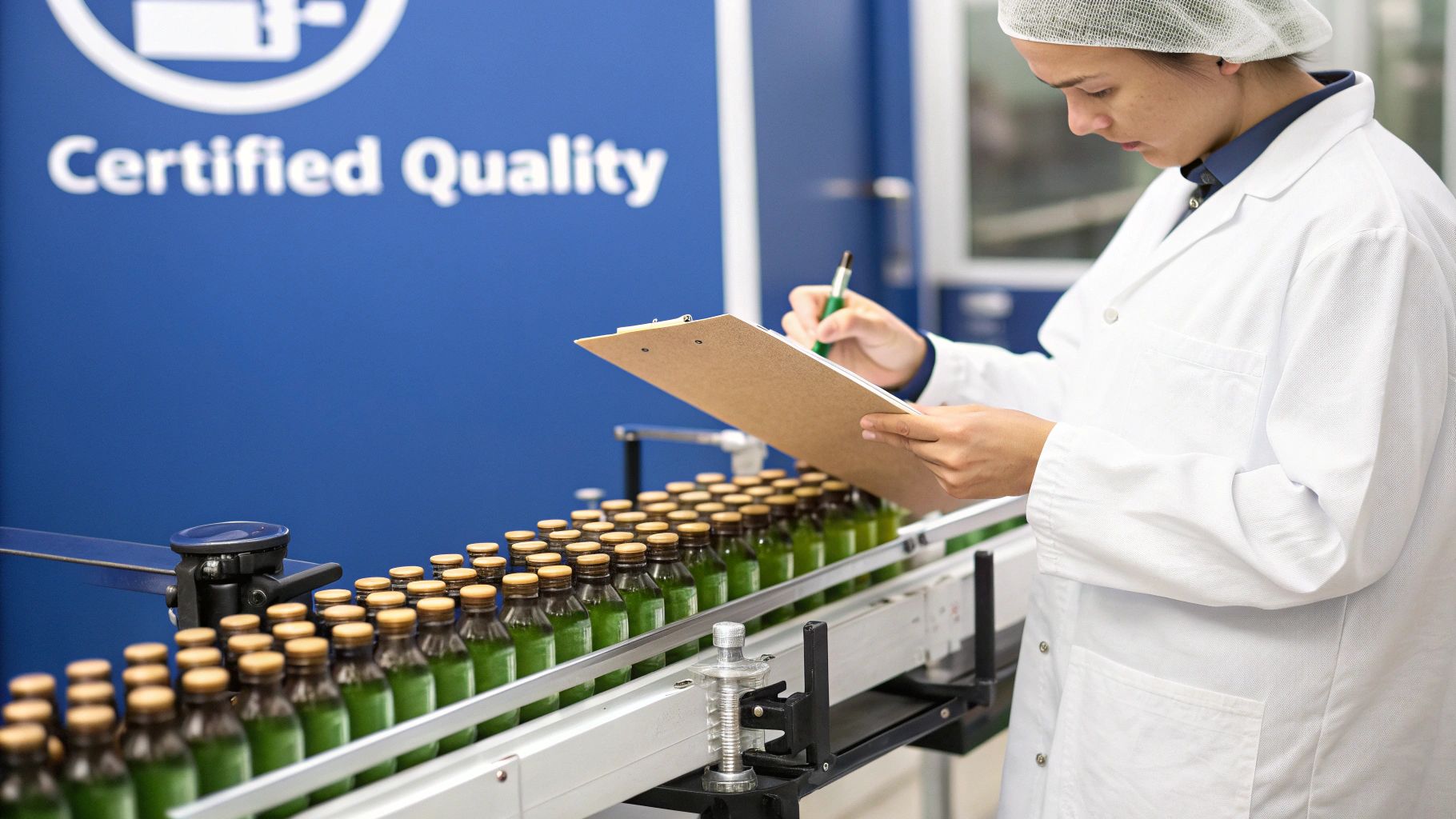Quality control expert inspects bottles of liquid vitamins on a production line.