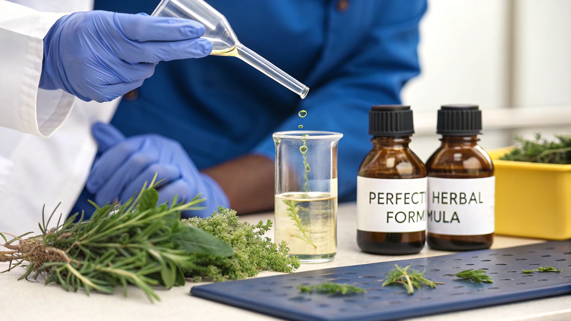 Scientists in a lab formulating a liquid supplement
