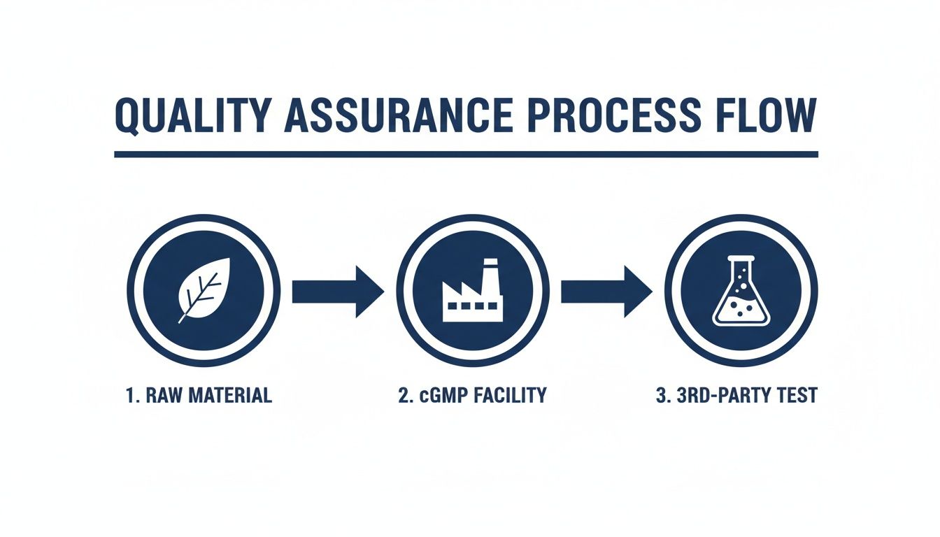 Quality assurance process flow diagram illustrating raw material sourcing, cGMP facility production, and third-party testing.