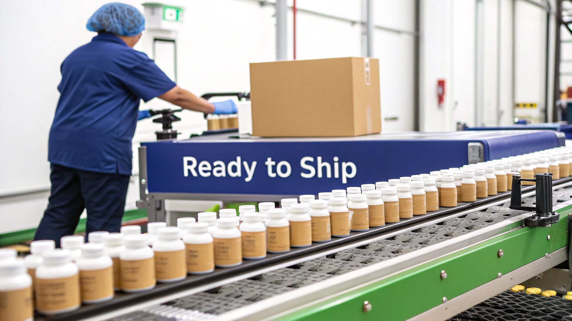 Bottles moving down a production line in a custom supplement manufacturing facility