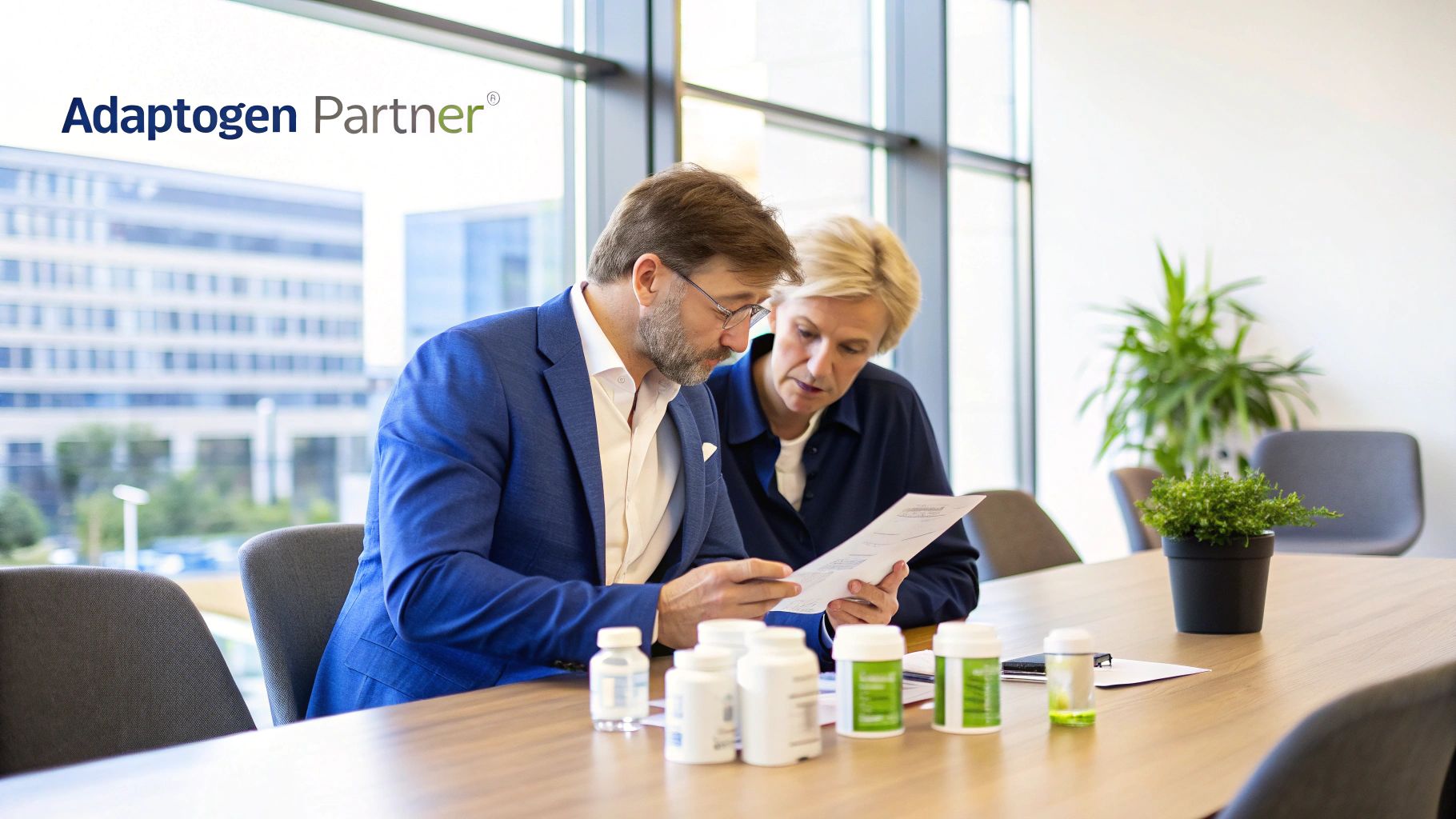 A person holding a dropper bottle of Holy Basil extract, with fresh basil leaves in the background.