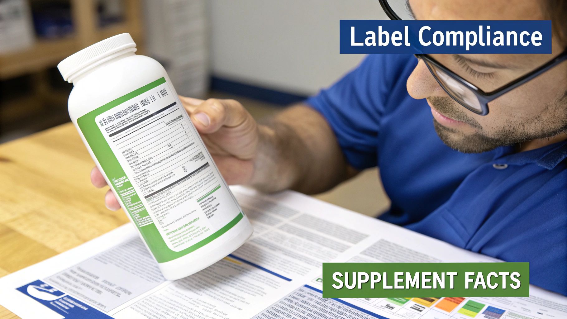 Man wearing glasses examining supplement facts label on white bottle for label compliance verification