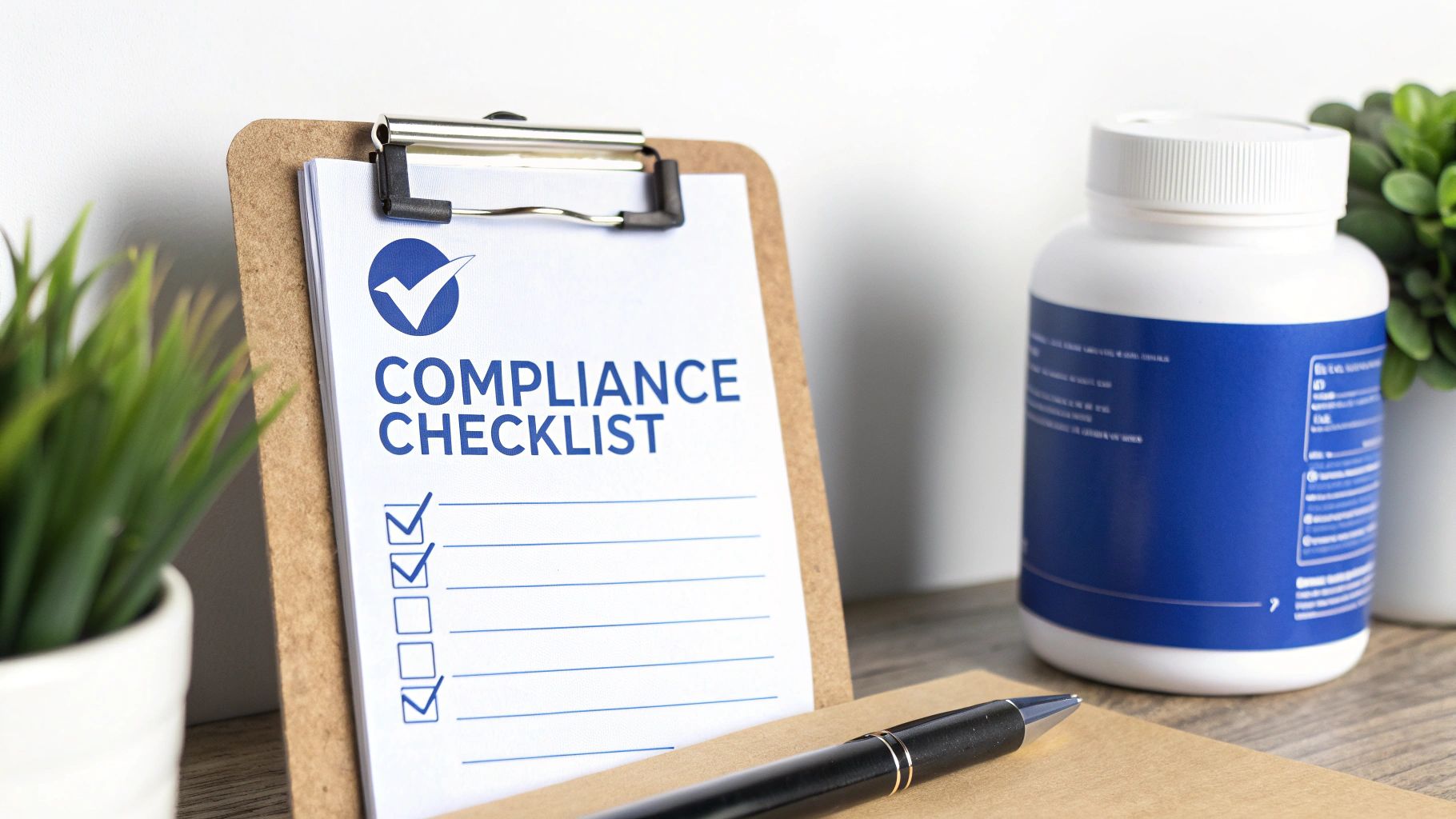 Compliance checklist on clipboard next to supplement bottle with nutrition facts label on wooden desk