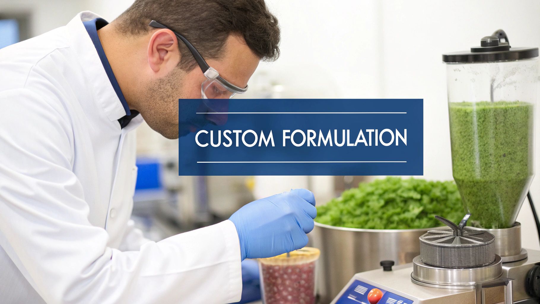 Scientists in a modern lab discussing and examining a liquid supplement formula.