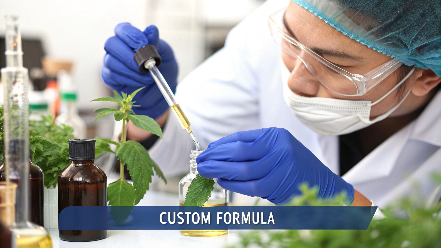 Scientists working in a lab, collaborating on a liquid supplement formula in beakers and test tubes.