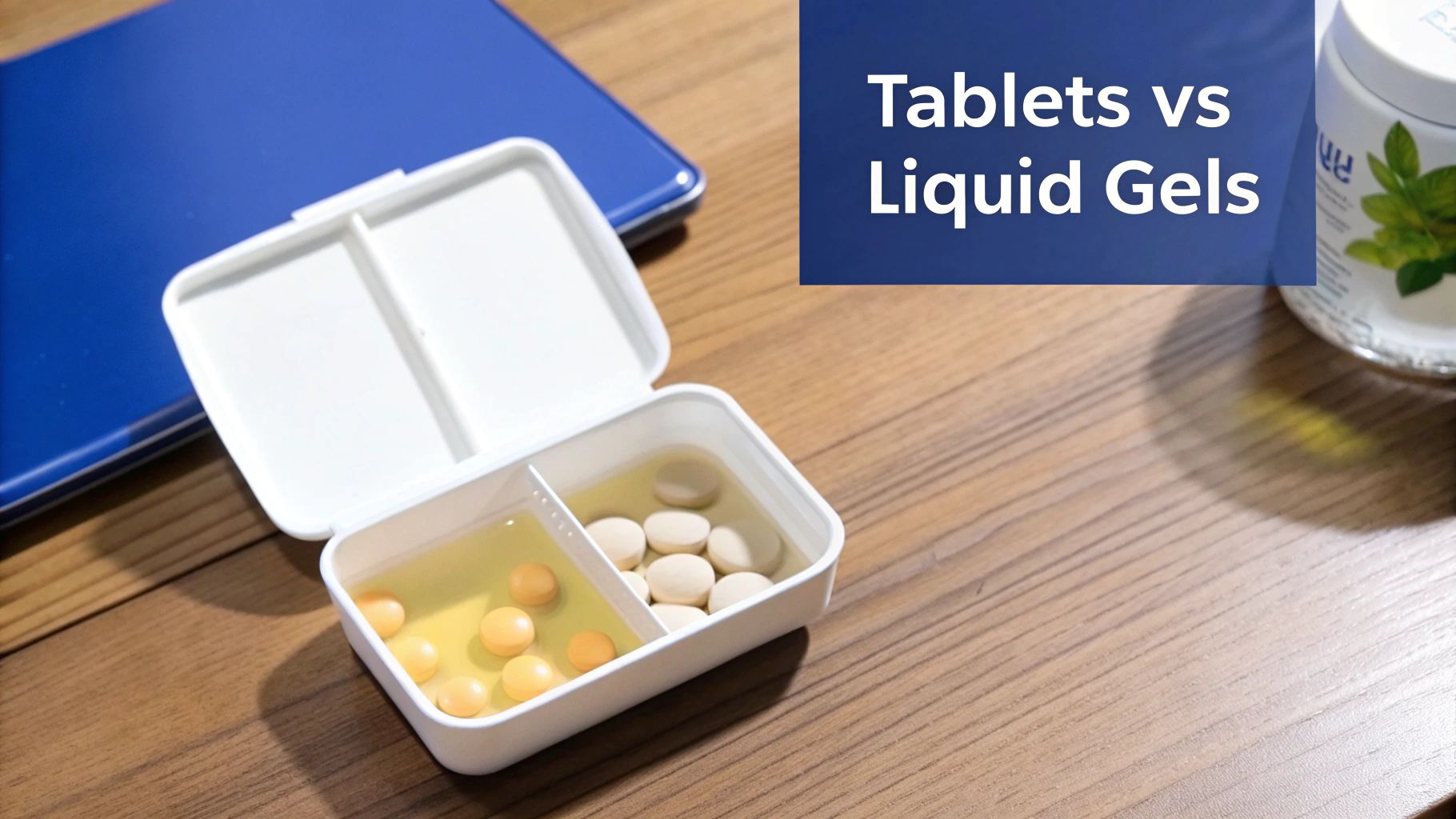 An open white pill organizer containing yellow liquid gels and light brown tablets on a wooden table.