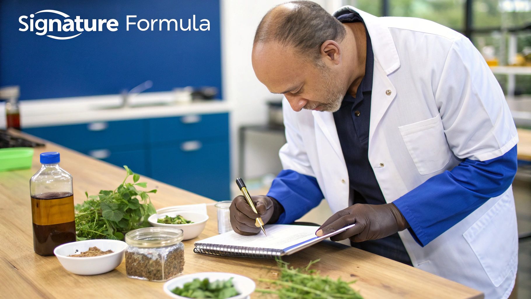 Two scientists in a lab carefully mixing liquids for a new supplement formula
