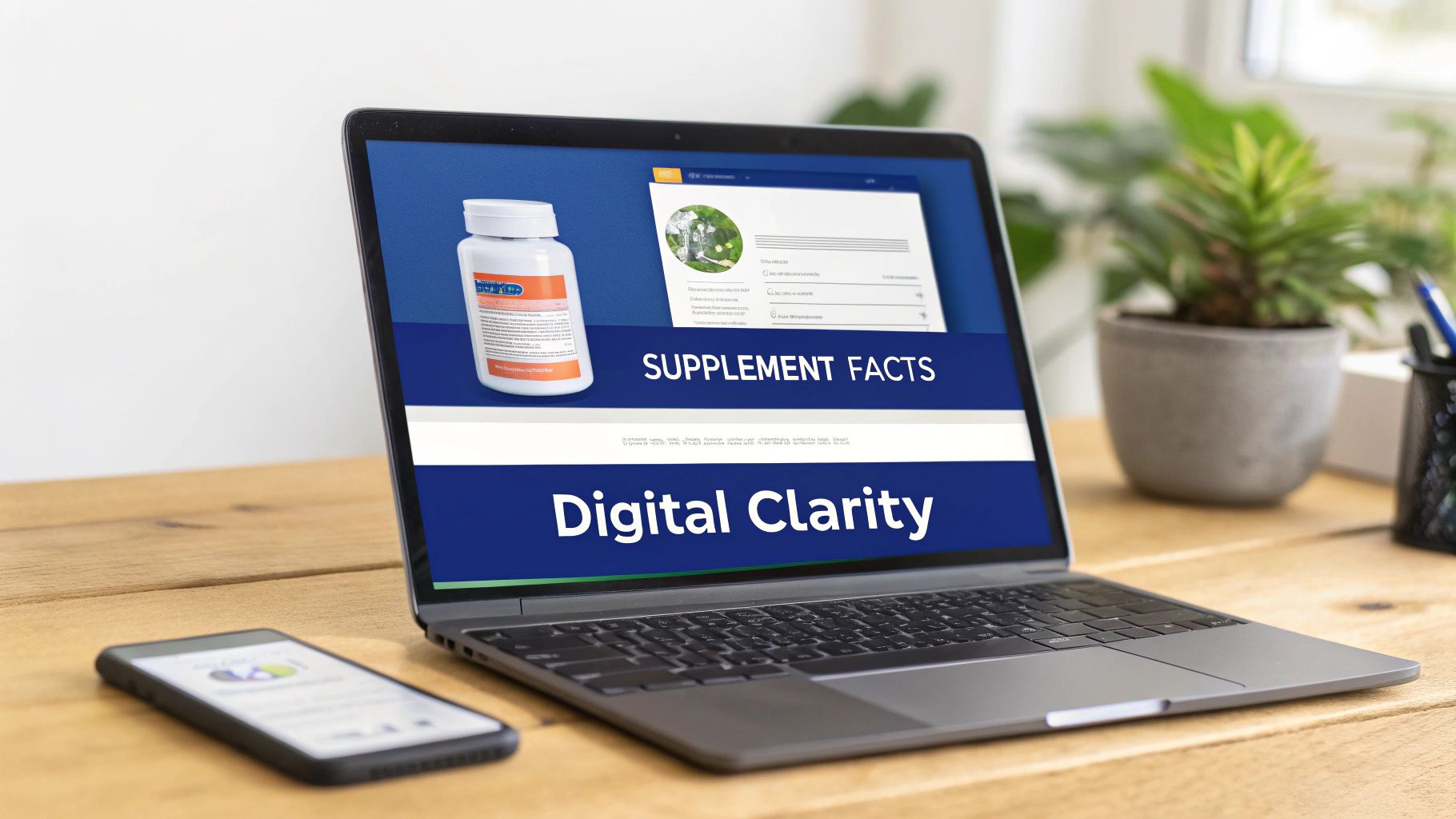 Laptop displaying supplement facts label and digital clarity text on wooden desk with smartphone