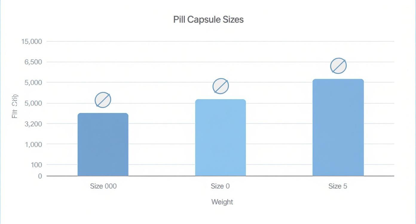 Bar chart illustrating Flit Sizing for pill capsule sizes 000, 0, and 5.