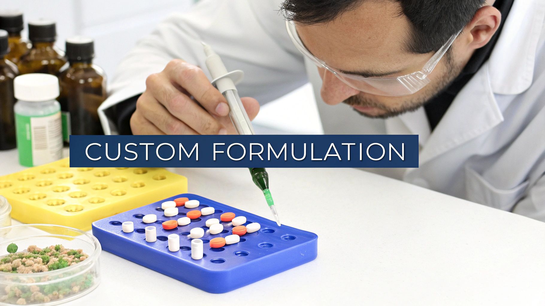 A laboratory setup showing beakers and scientific equipment for supplement formulation.
