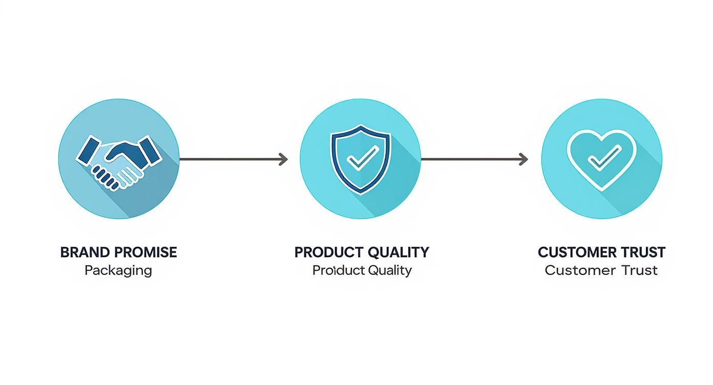 Infographic showing how a brand's promise and product quality lead to customer trust in health supplement packaging.
