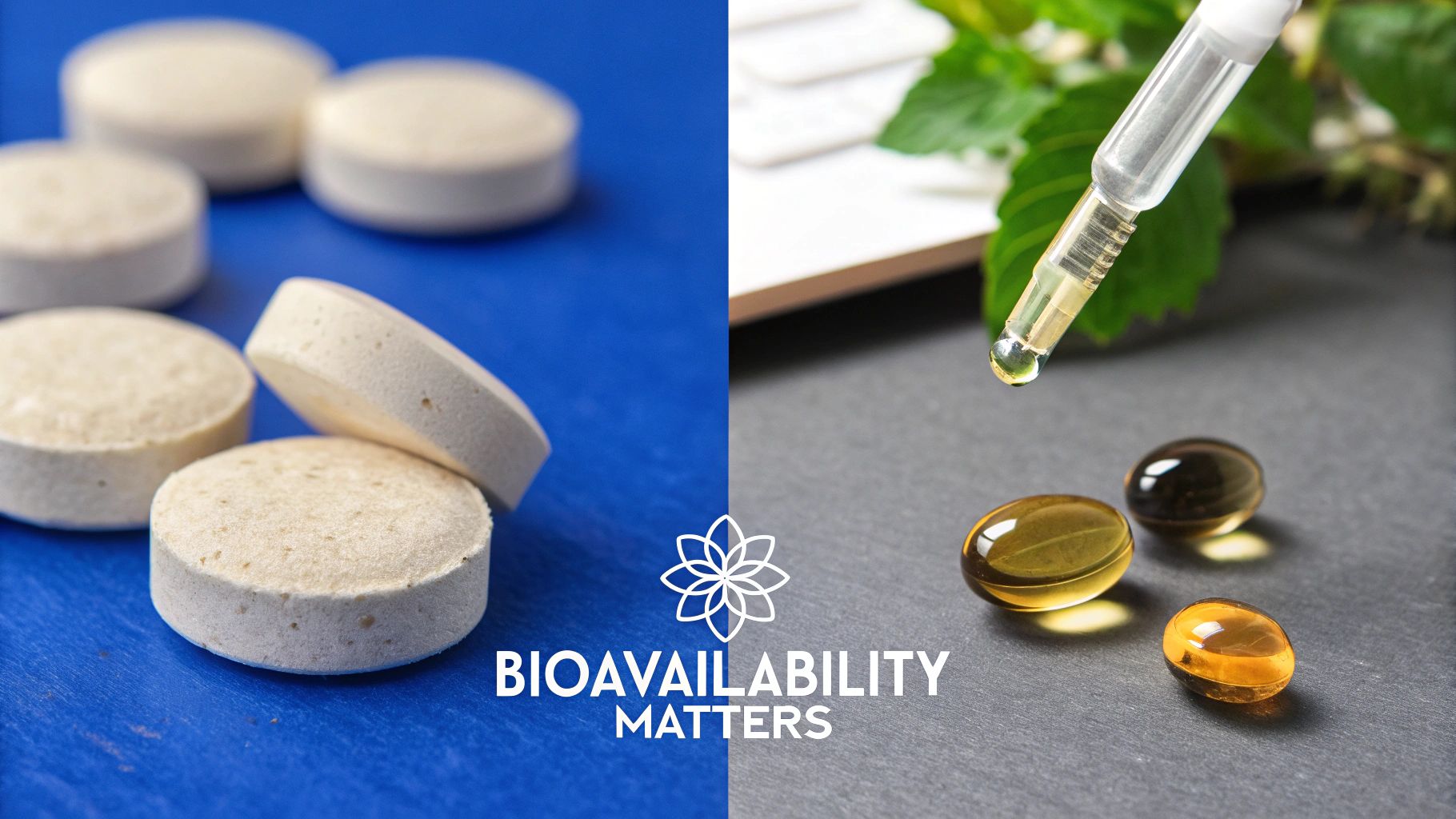 An image comparing white tablets on a blue surface and liquid gel capsules with a dropper on a dark surface, highlighting supplement bioavailability.
