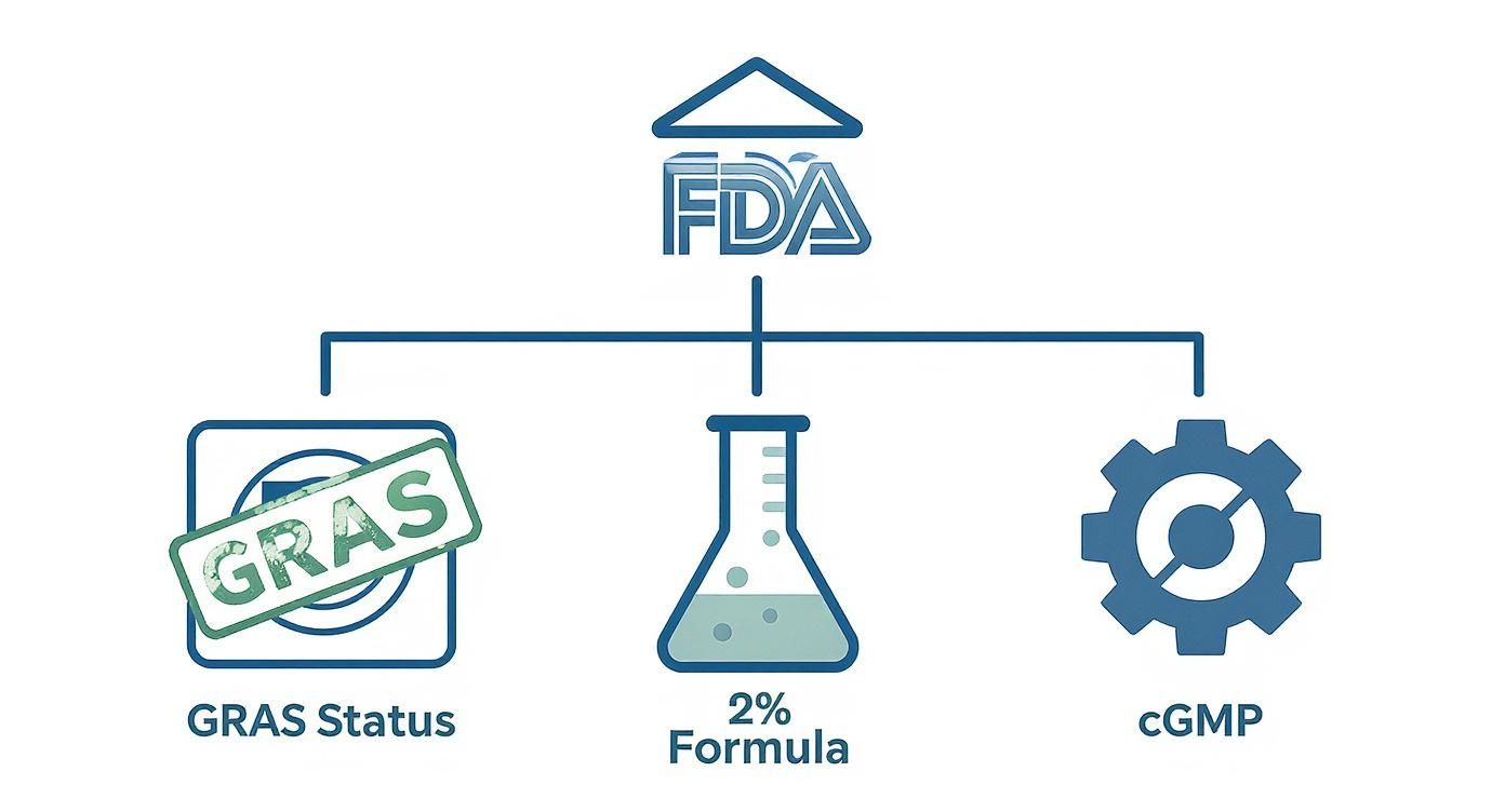 FDA diagram showing connections to GRAS Status, 2% Formula, and cGMP regulations.