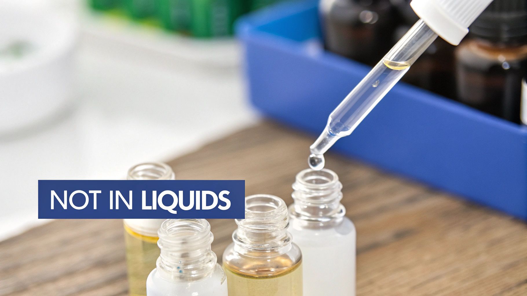 A clear dropper precisely dispensing a liquid drop into a small bottle, surrounded by other vials.