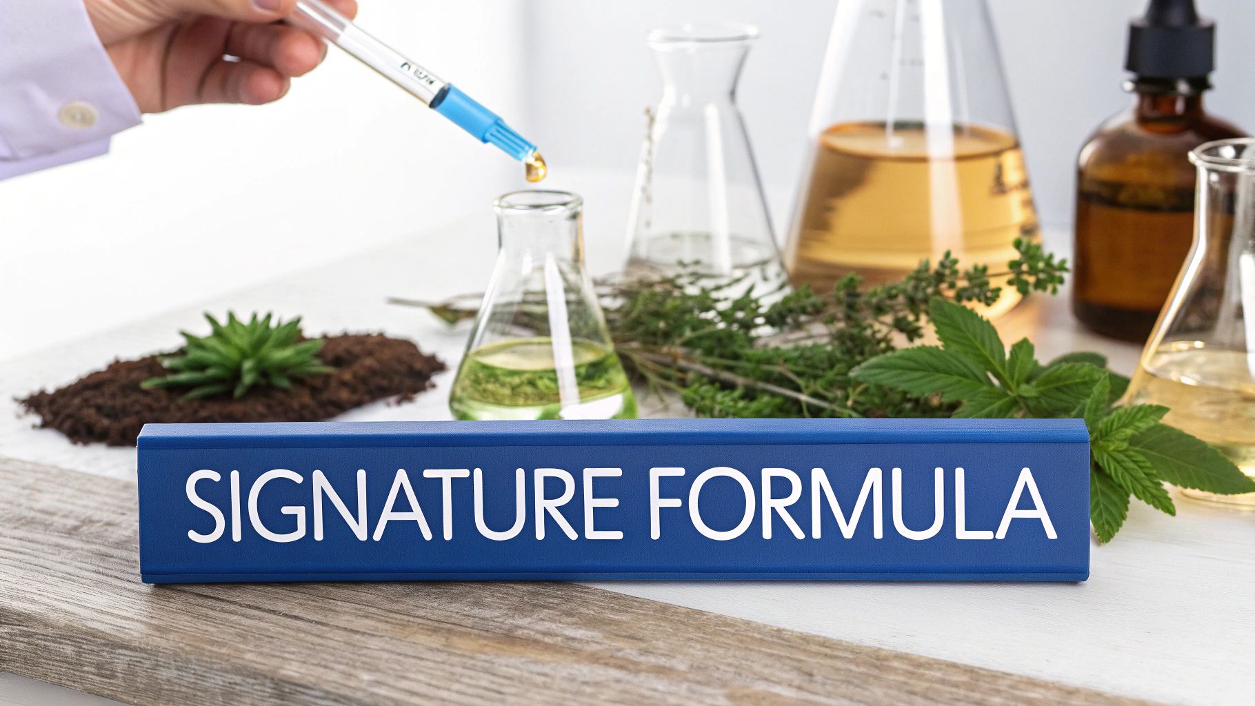 A scientist in a lab coat carefully working with beakers and liquid supplements.