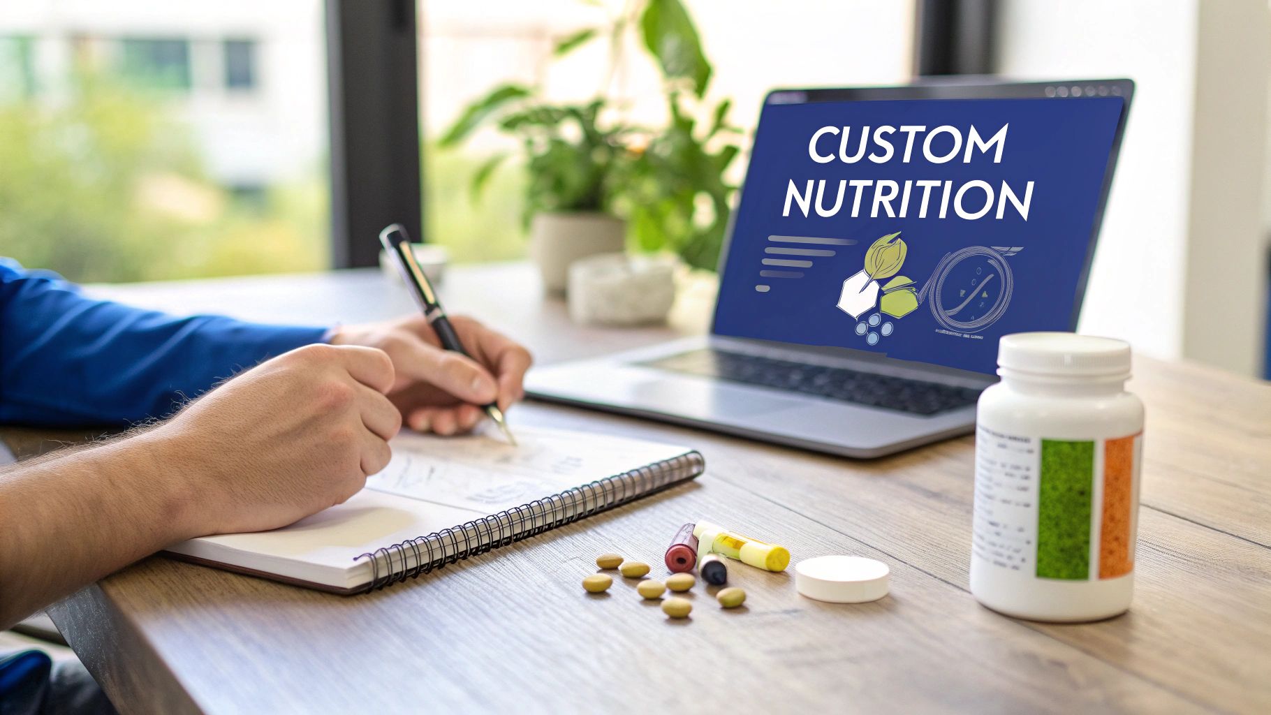 Person writing notes with laptop displaying custom nutrition plan and supplement bottles on desk