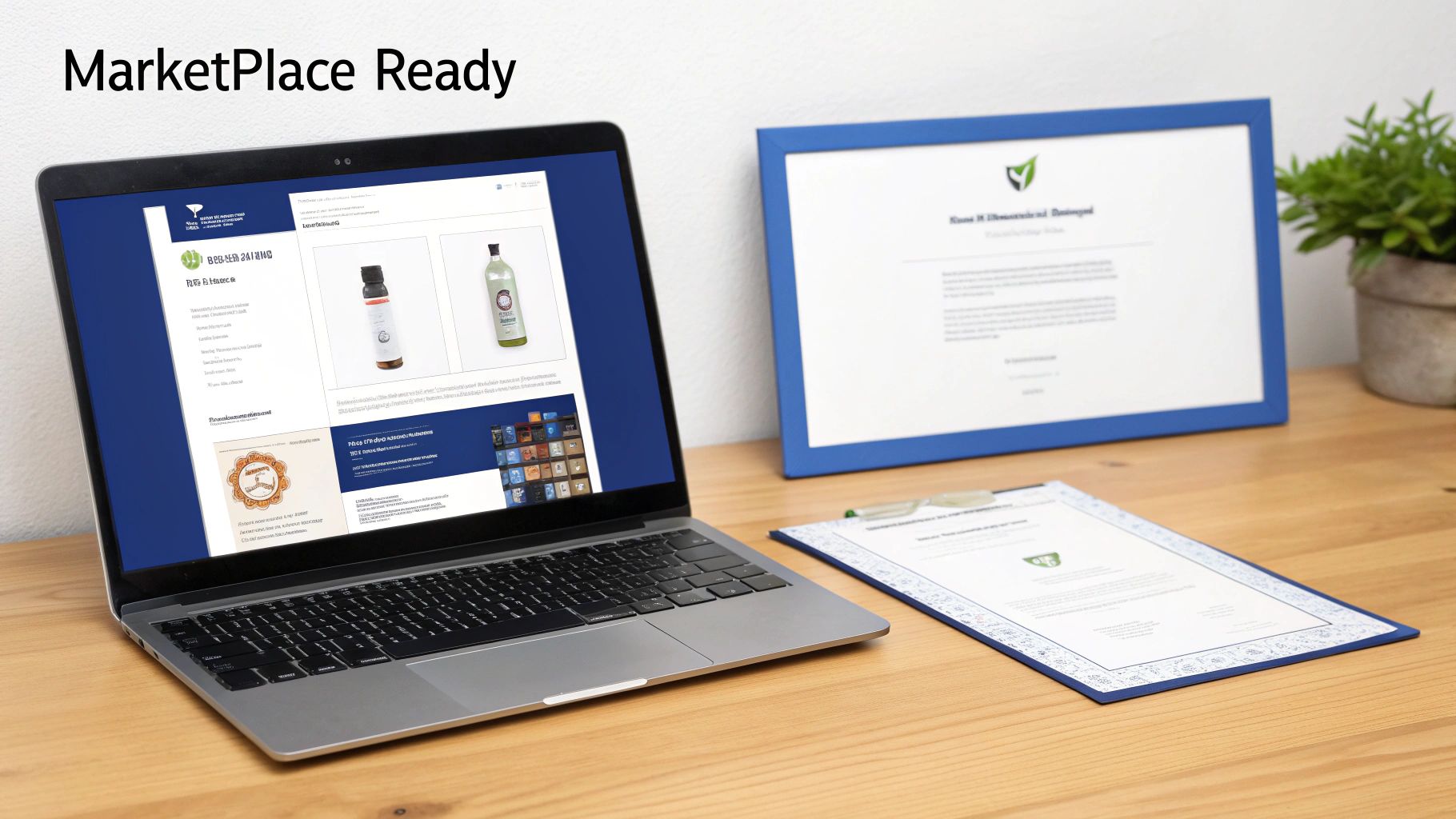 Laptop and monitor displaying GMP certification documents and supplement product listings on desk