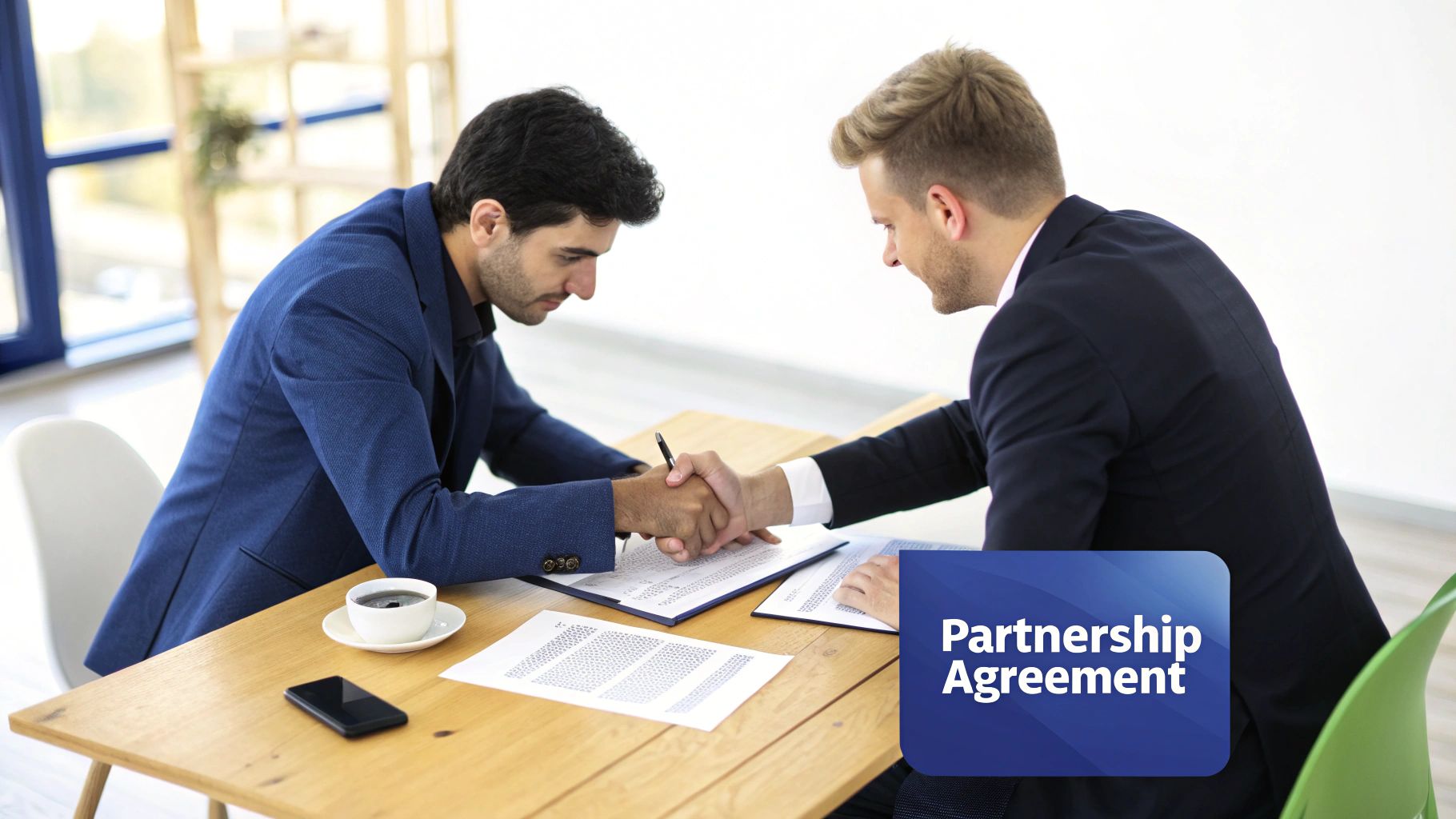 Two professionals shaking hands across a modern office desk, with documents and a laptop visible, signifying a successful partnership agreement.