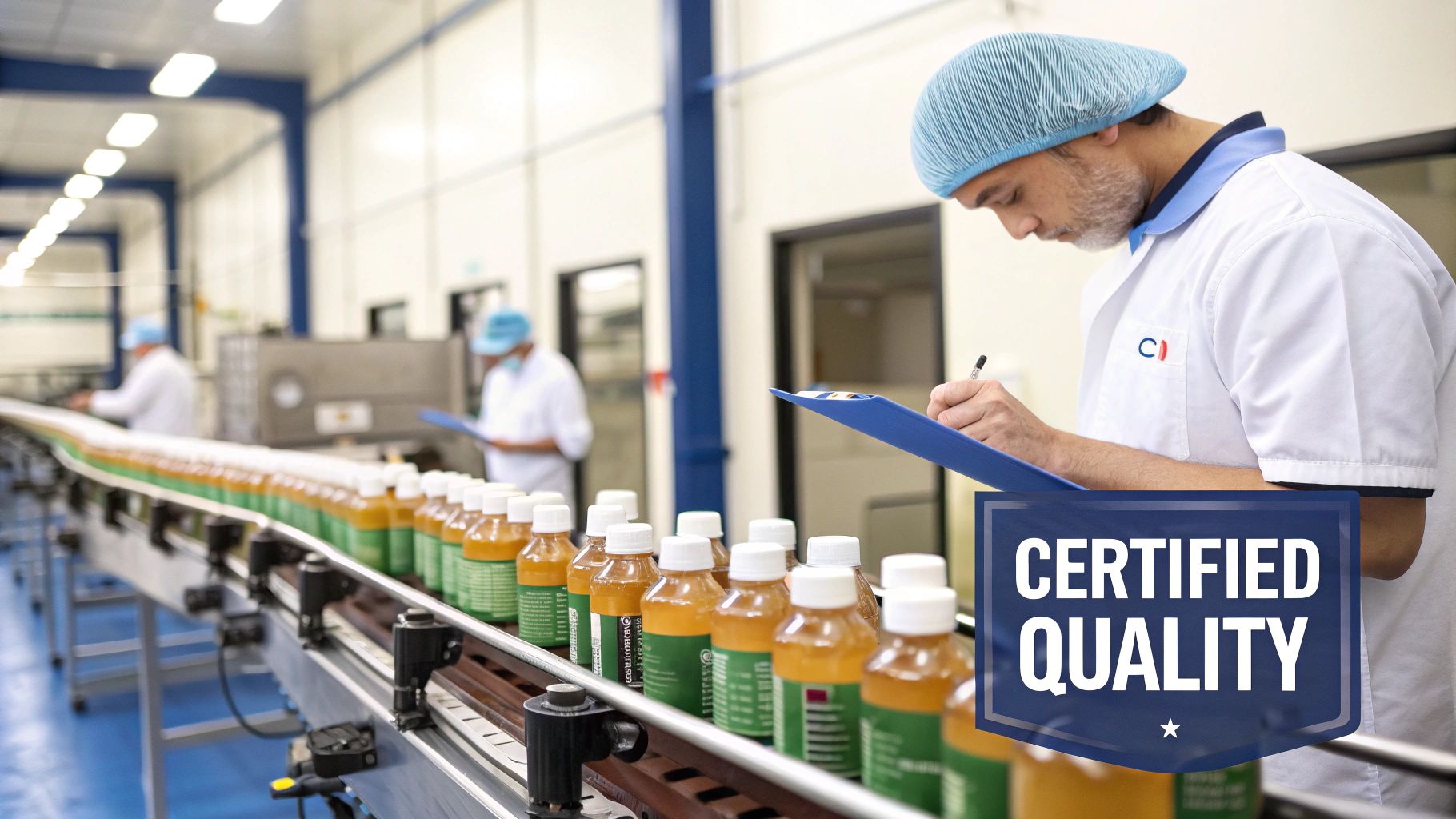 A laboratory technician in a cleanroom environment carefully inspecting a bottle of liquid supplement, with scientific equipment in the background.