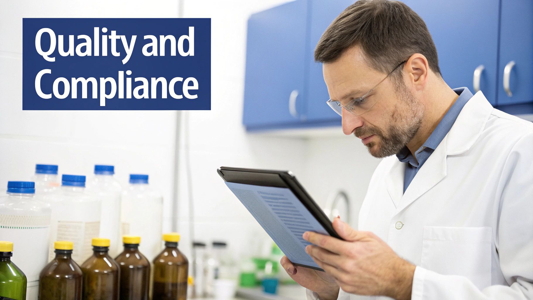 A scientist in a lab coat and safety glasses carefully inspects a beaker containing a green liquid supplement, symbolizing rigorous quality control.