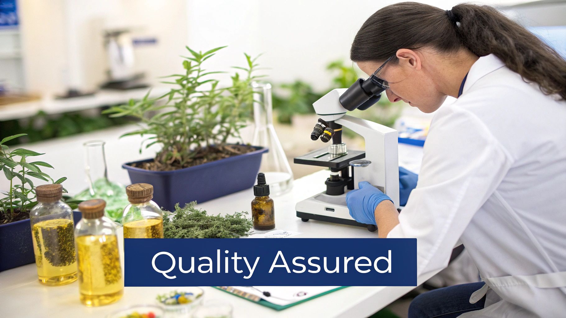 Lab technician in a cleanroom environment inspecting a bottle of Holy Basil supplement.