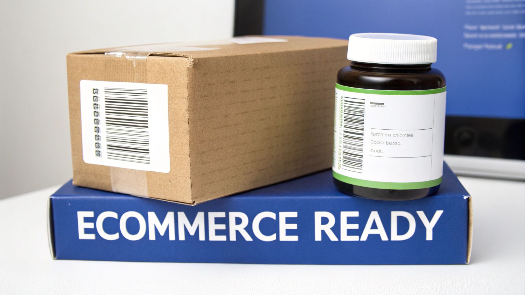 Ecommerce ready dietary supplement bottle and cardboard box with barcode labels for online shipping