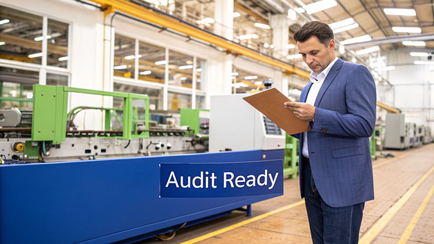 Professional manager reviewing manufacturing facility documentation for GMP compliance audit preparation in industrial setting