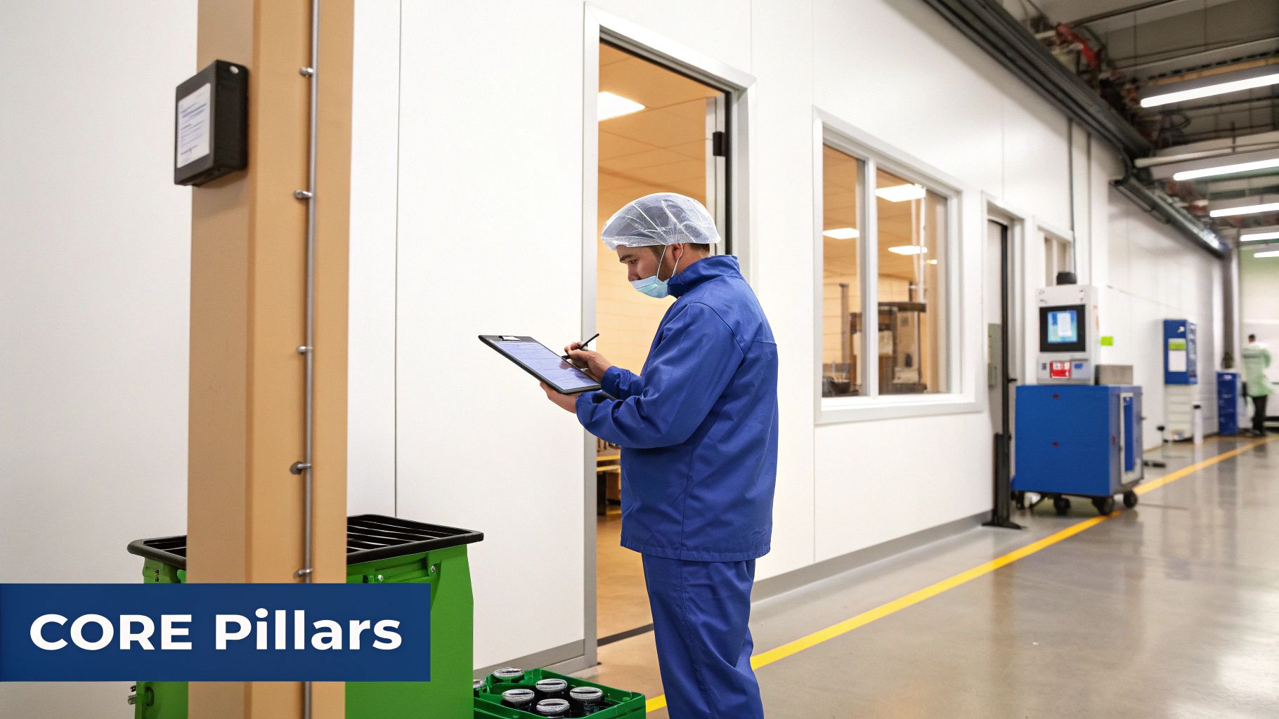 An employee in a blue uniform reviews documents on a clipboard within a GMP-certified cleanroom.