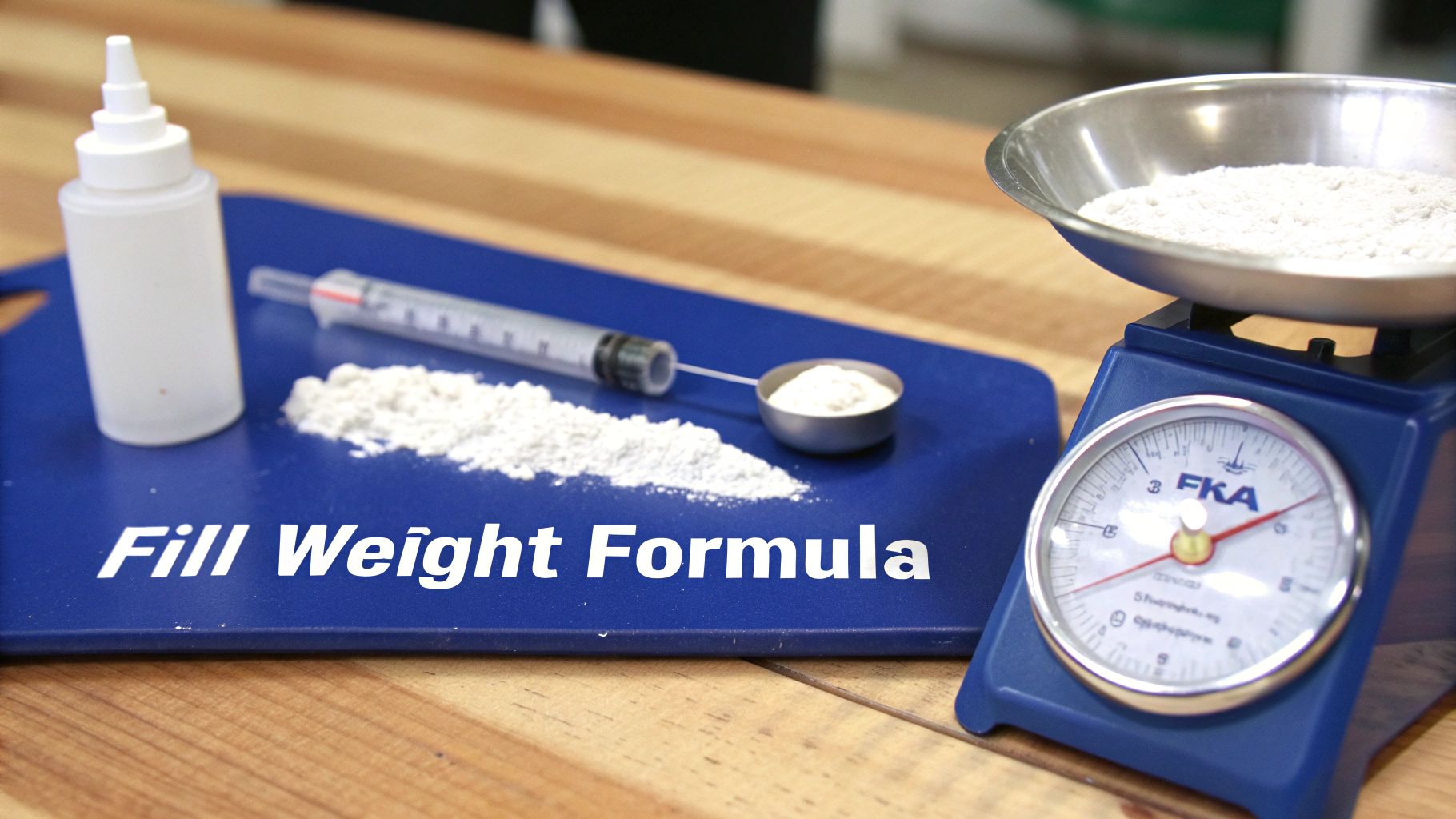 A flat lay showing powder measurement tools including a scale, syringe, bottle, and a small spoon on a blue surface.