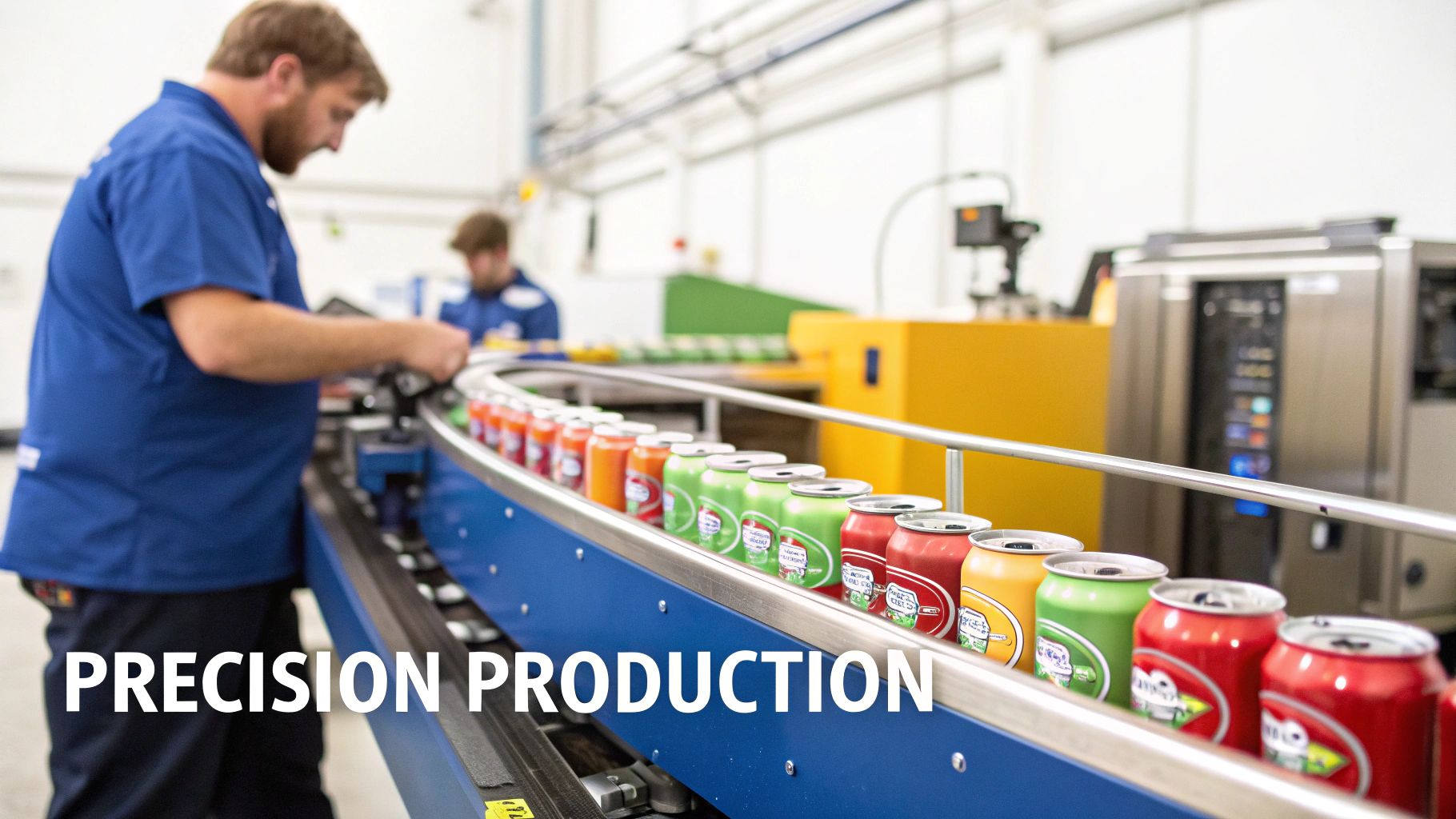 A clean, modern manufacturing facility with stainless steel vats and conveyor belts, showcasing the energy drink production line.