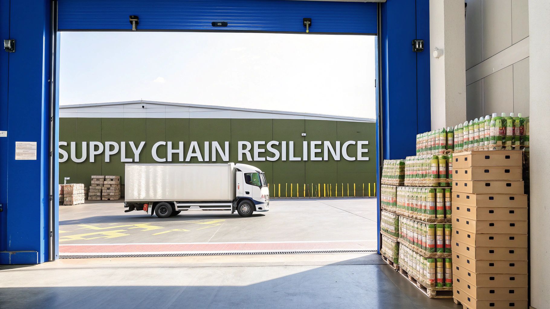 A white delivery truck at a loading dock, with a building labeled 'SUPPLY CHAIN RESILIENCE' in the background.