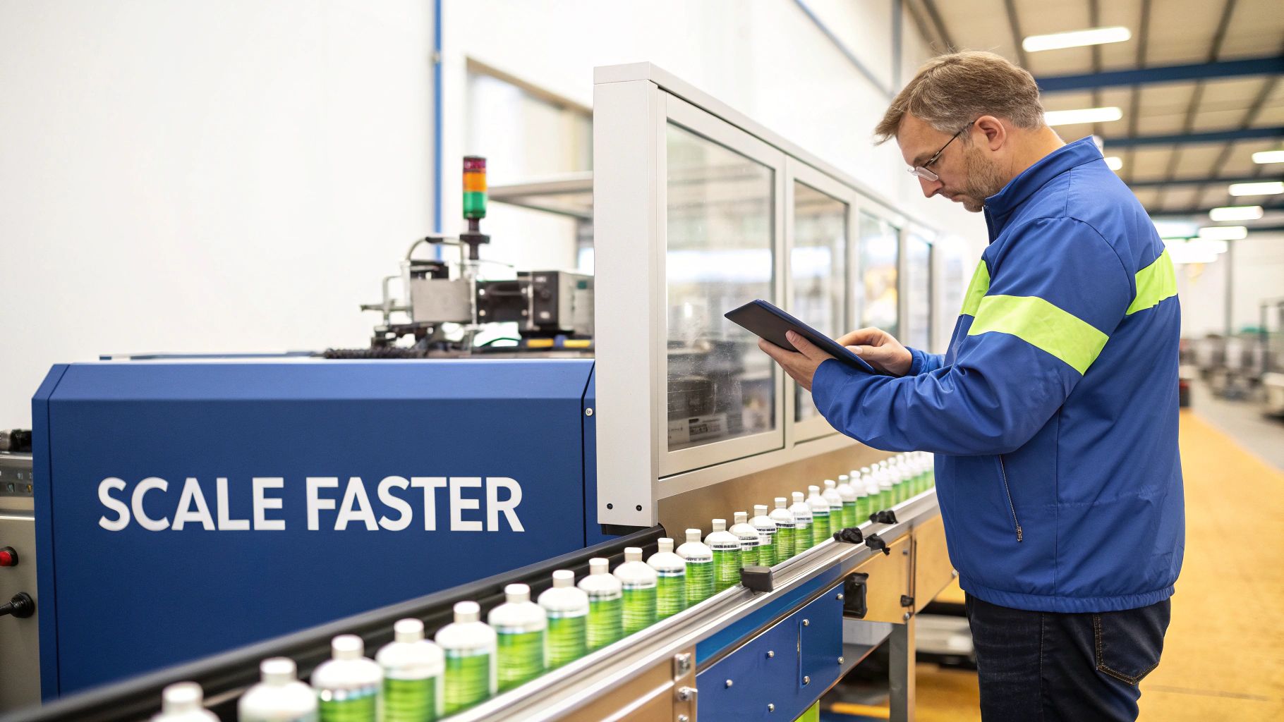 Close-up of a production line with clear bottles being filled with a golden liquid supplement.