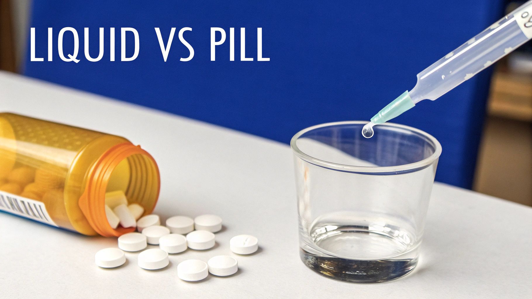 An image comparing medication forms, showing white pills spilled from an orange bottle and a syringe dropping liquid into a glass.