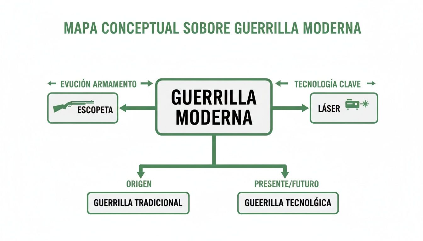 Mapa conceptual que ilustra la guerrilla moderna, su evolución, tecnología clave, origen y futuro.