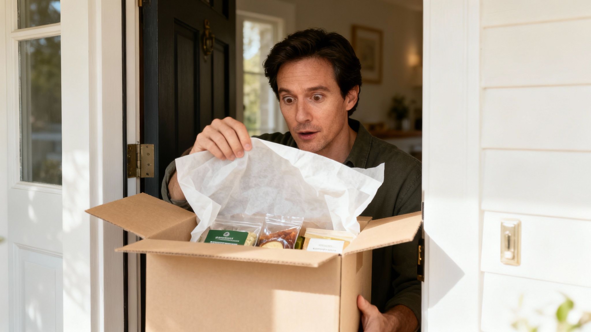 Hombre sorprendido abre una caja de cartón en la puerta, revelando kits de comida en su interior.