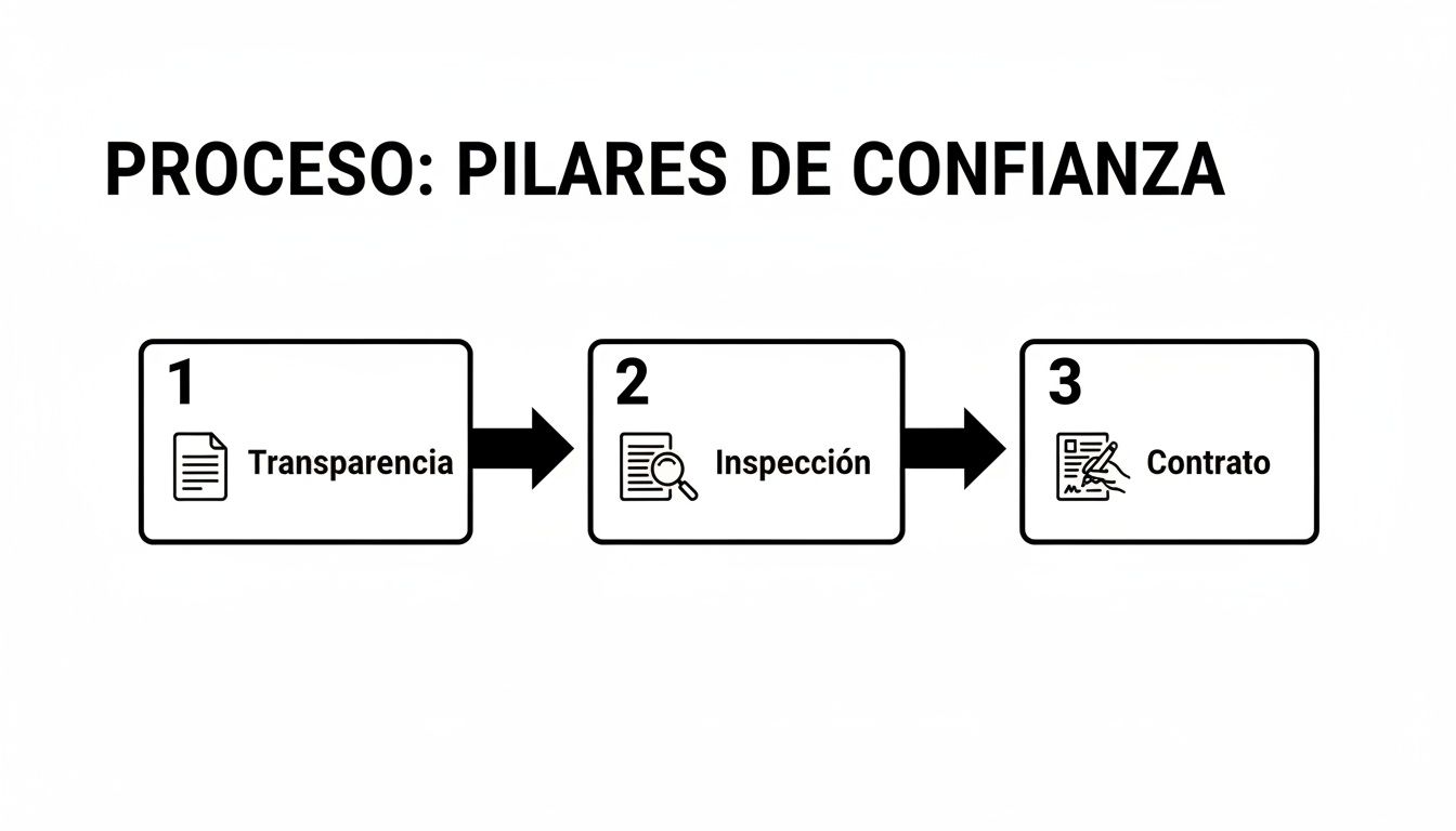 Diagrama de flujo que ilustra los pilares de confianza: Transparencia, Inspección y Contrato.