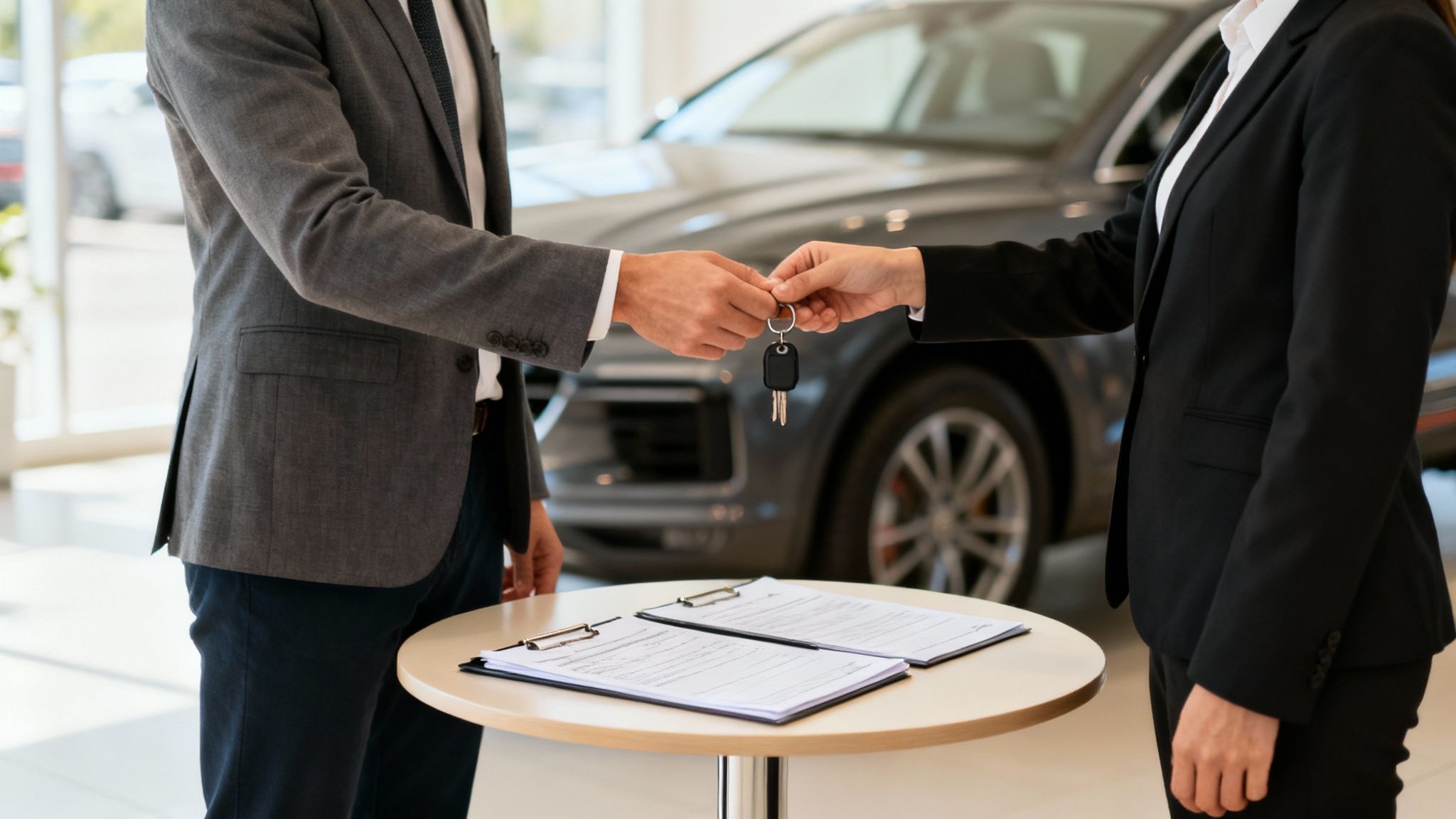 Un hombre recibe las llaves de un coche nuevo de una vendedora en un concesionario, con documentos sobre la mesa.