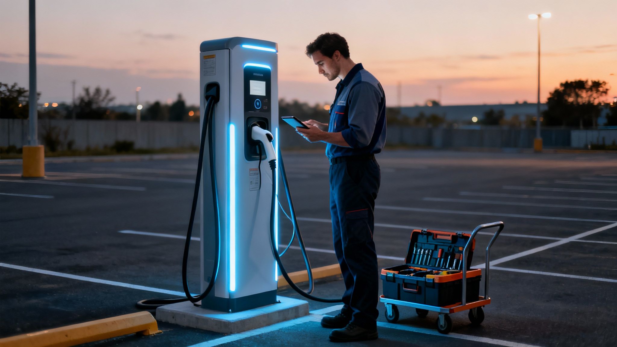 Técnico en uniforme revisa estación de carga de vehículos eléctricos usando una tablet al atardecer.