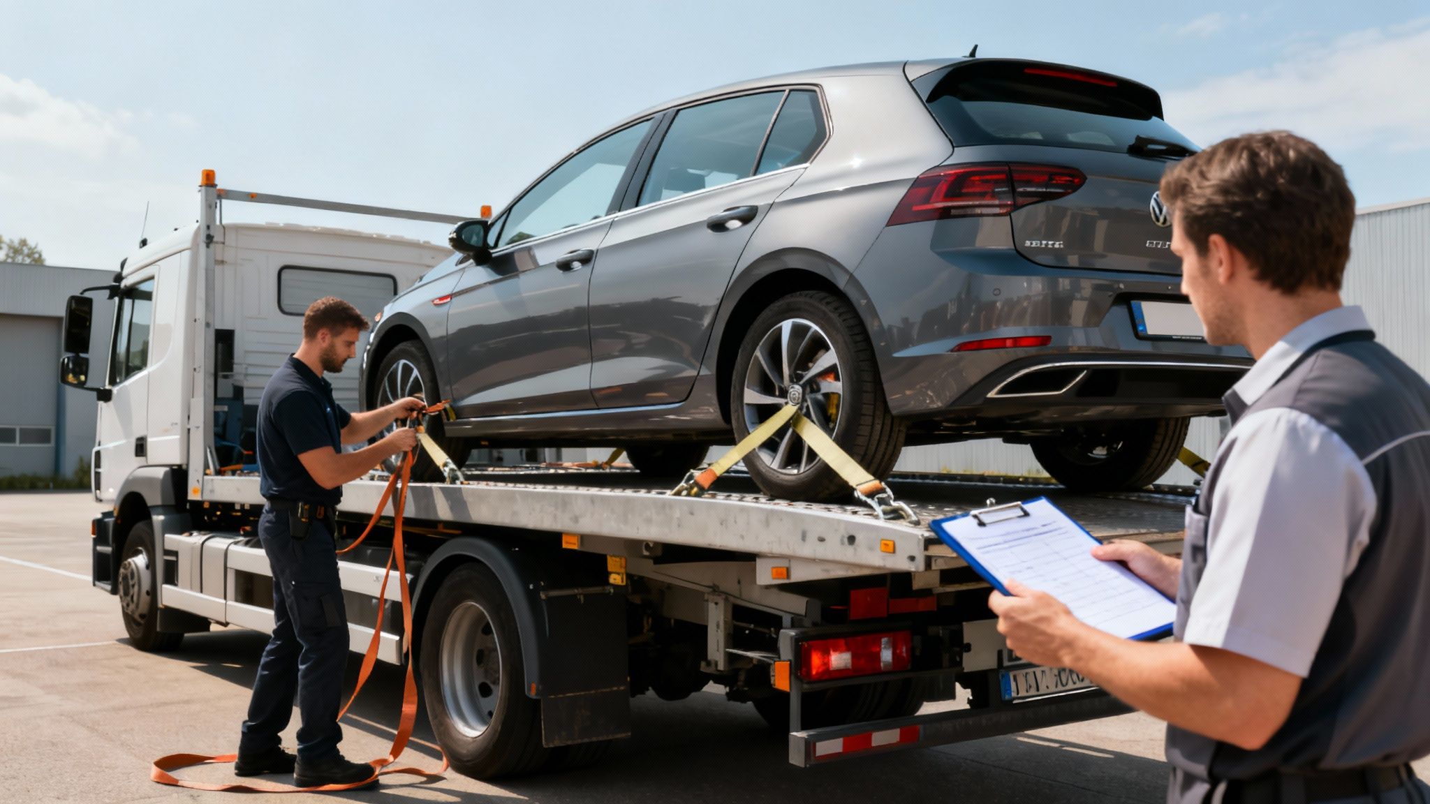 Dos hombres preparan un coche gris para el transporte en un camión de remolque, uno asegurando el vehículo y otro revisando un portapapeles.